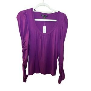 August Silk Blouse Top Womens M Purple Rushed Sleeves Square Neck Ruffle Pleated